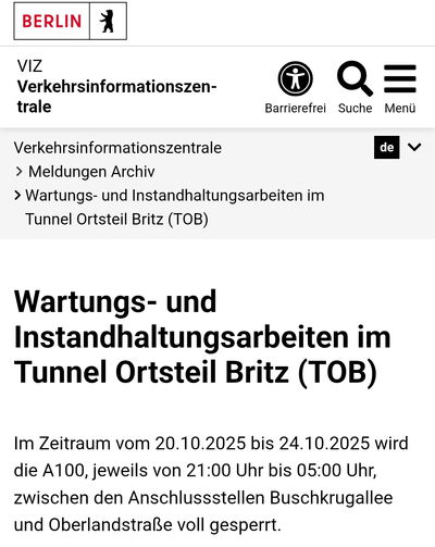 Info der Verkehrsinformationszentrale Berlin(VIZ)